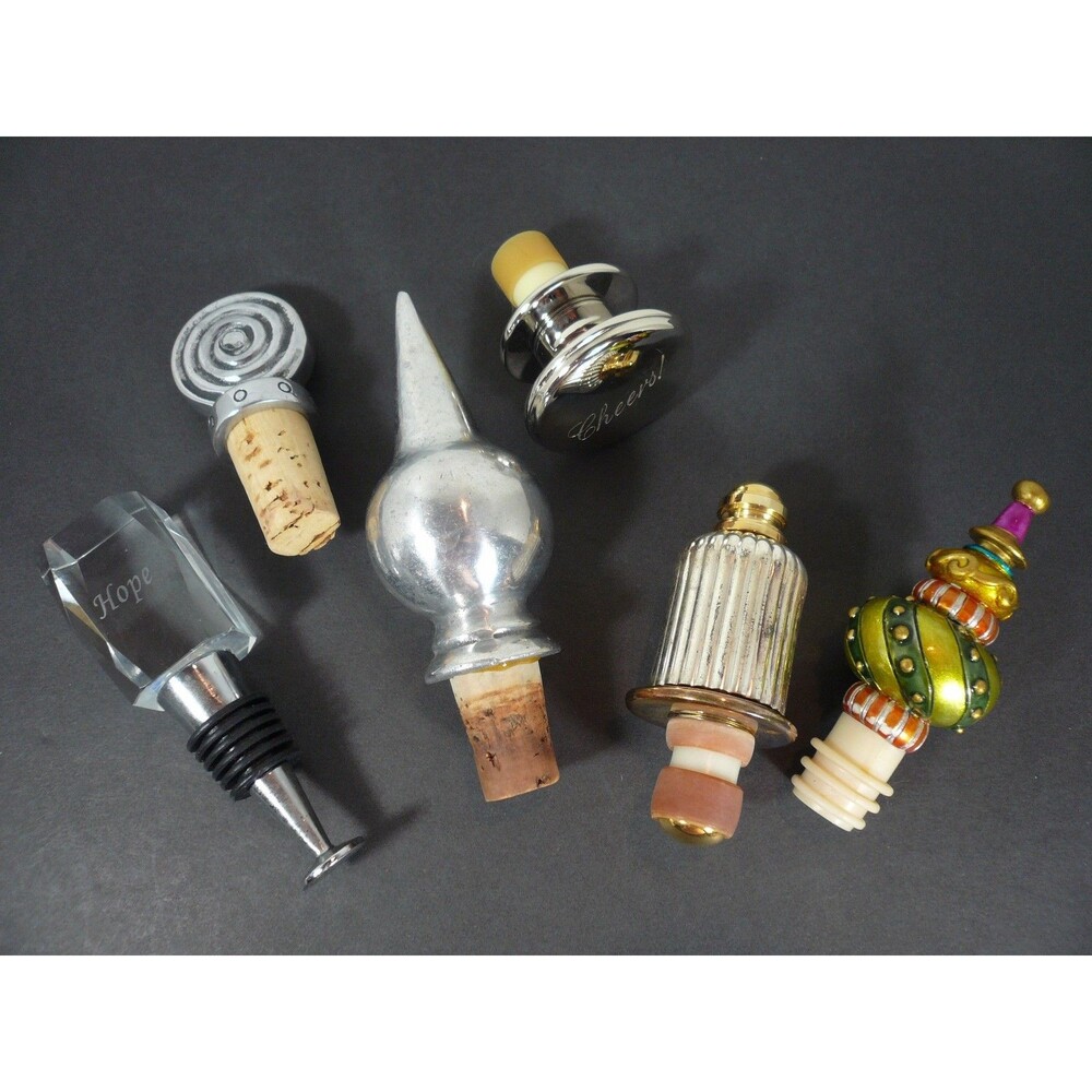 Lot of 6 Bottle Stoppers, Crystal, Pewter, Resin, Silverplate, Chrome